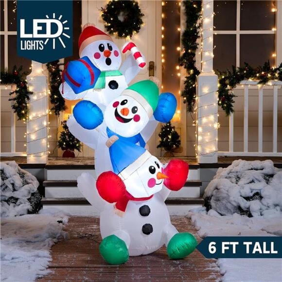 6 FT Christmas Inflatable Stacked Snowman with Build-in LEDs Blow Up Inflatable - Picture 2 of 8
